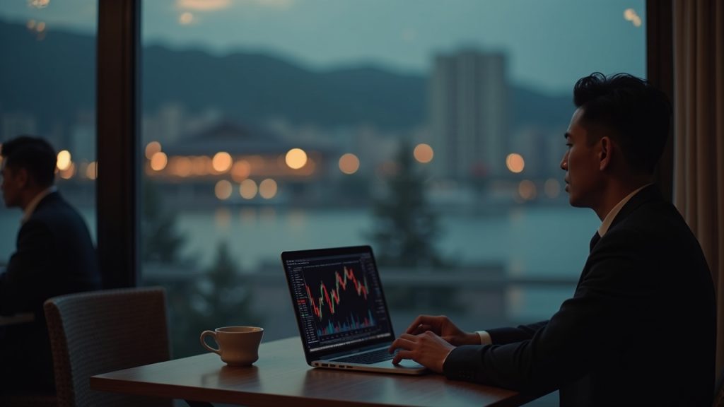 Man in a suit at a Seoul cafe near Seokchon Lake with coffee cup and laptop displaying Bitcoin charts.