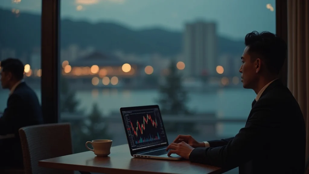 Man in a suit at a Seoul cafe near Seokchon Lake with coffee cup and laptop displaying Bitcoin charts.