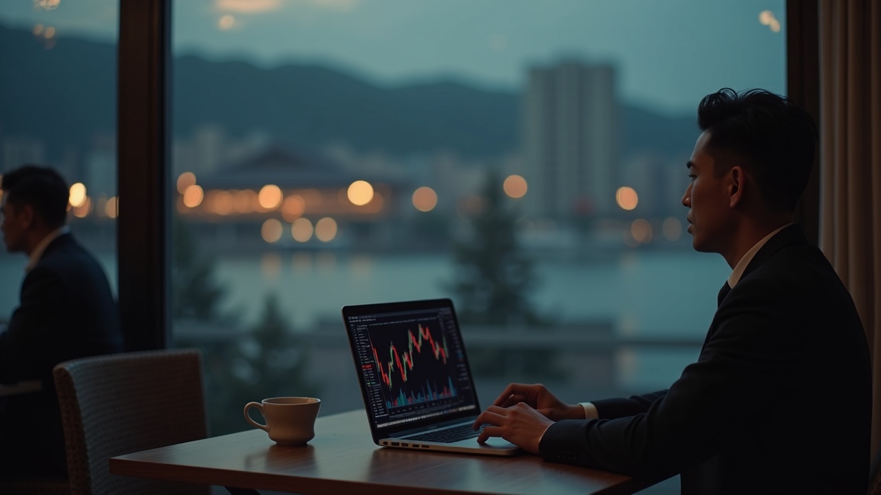 Man in a suit at a Seoul cafe near Seokchon Lake with coffee cup and laptop displaying Bitcoin charts.