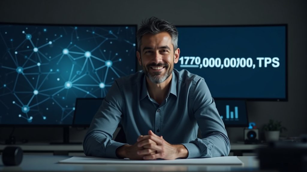 Editorial portrait of a tech executive at a desk with a monitor showing blockchain nodes and a 1,000,000,000 TPS label.