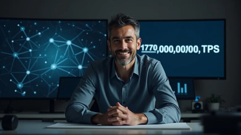 Editorial portrait of a tech executive at a desk with a monitor showing blockchain nodes and a 1,000,000,000 TPS label.