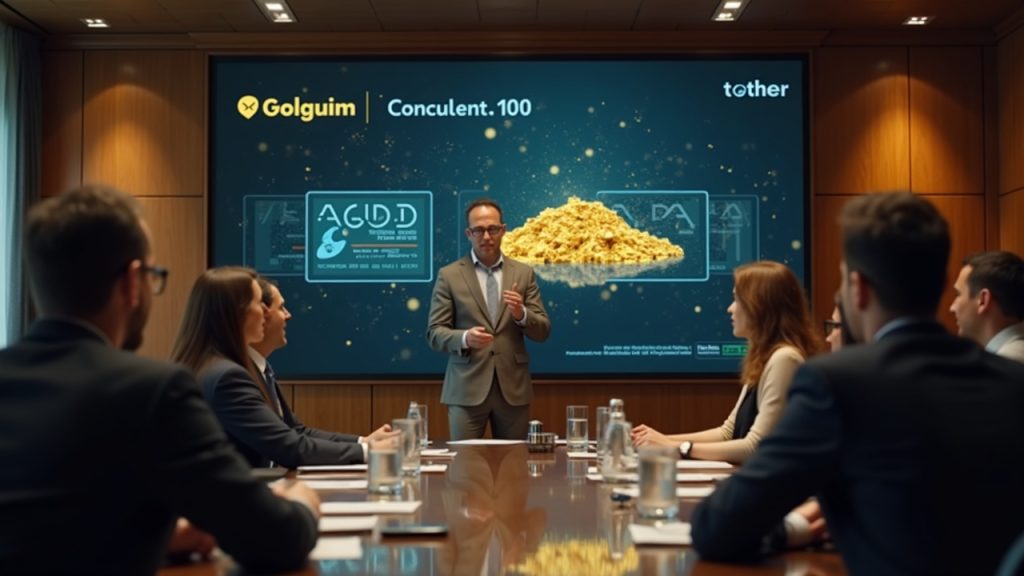 Boardroom scene with Tether and Gold.com branding, a central presenter, and a digital display featuring XAUT tokenized gold.