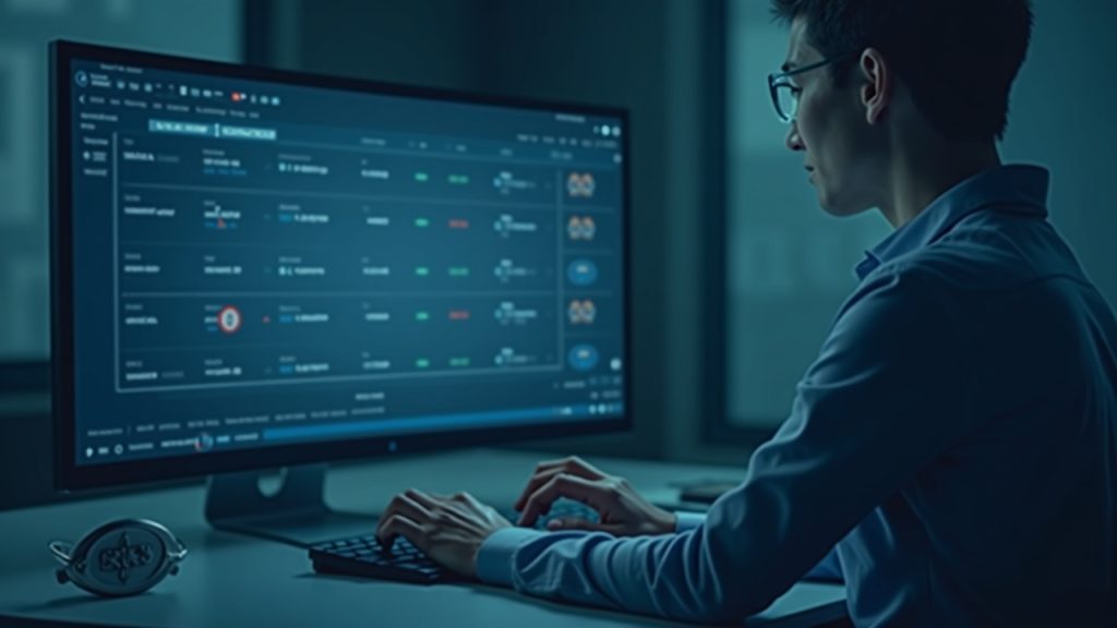 Finance professional at a desk with a monitor showing tokenized money-market fund symbols and a custody seal.