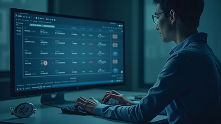 Finance professional at a desk with a monitor showing tokenized money-market fund symbols and a custody seal.
