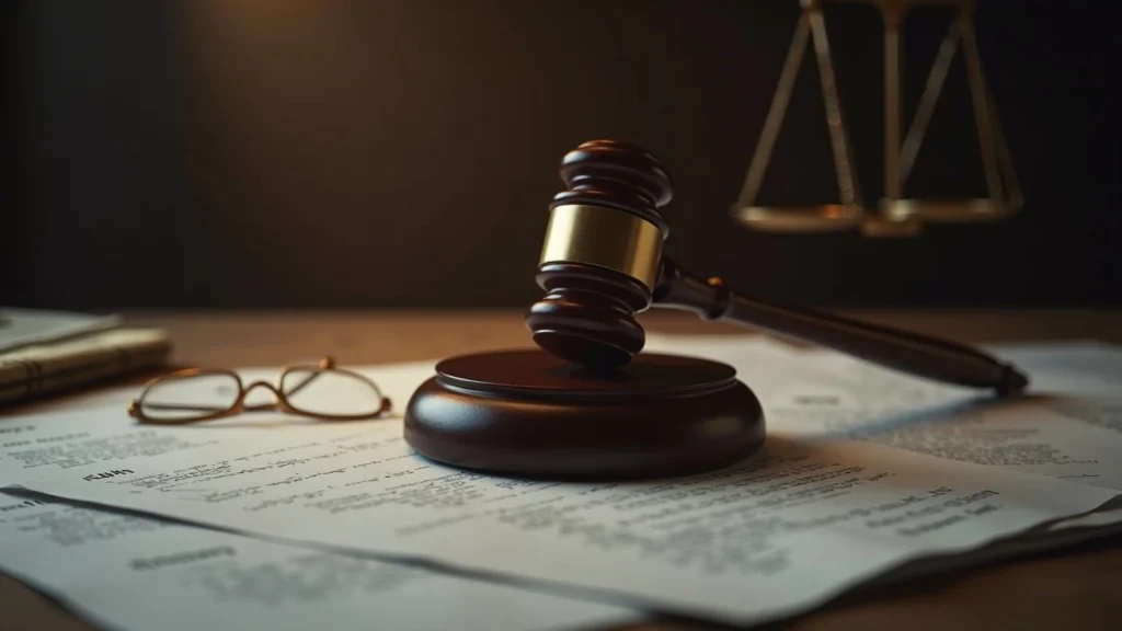 Courtroom gavel on patent documents and blockchain code, signaling Bancor vs Uniswap dismissal in muted newsroom lighting.