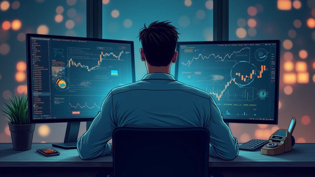 Editorial portrait of a serious analyst at a desk with two monitors, showing on-chain activity and a broken dollar icon.