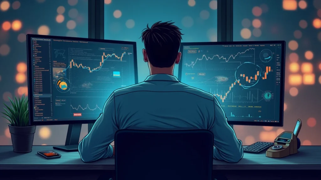 Editorial portrait of a serious analyst at a desk with two monitors, showing on-chain activity and a broken dollar icon.