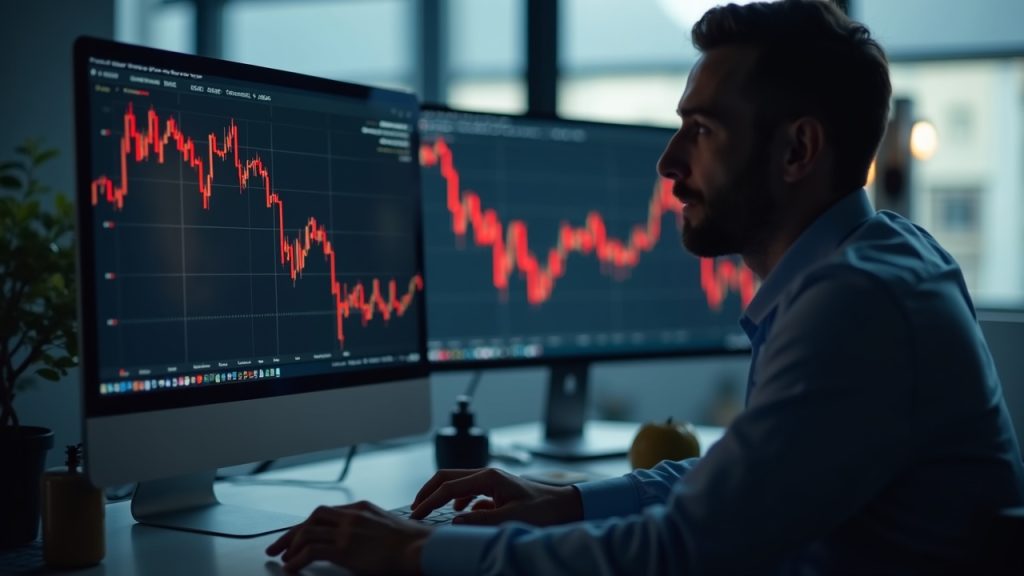 Professional treasury analyst reviews XRP price decline on screens displaying a red chart and a $380 million unrealized loss.