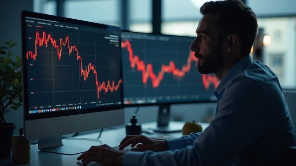 Professional treasury analyst reviews XRP price decline on screens displaying a red chart and a $380 million unrealized loss.
