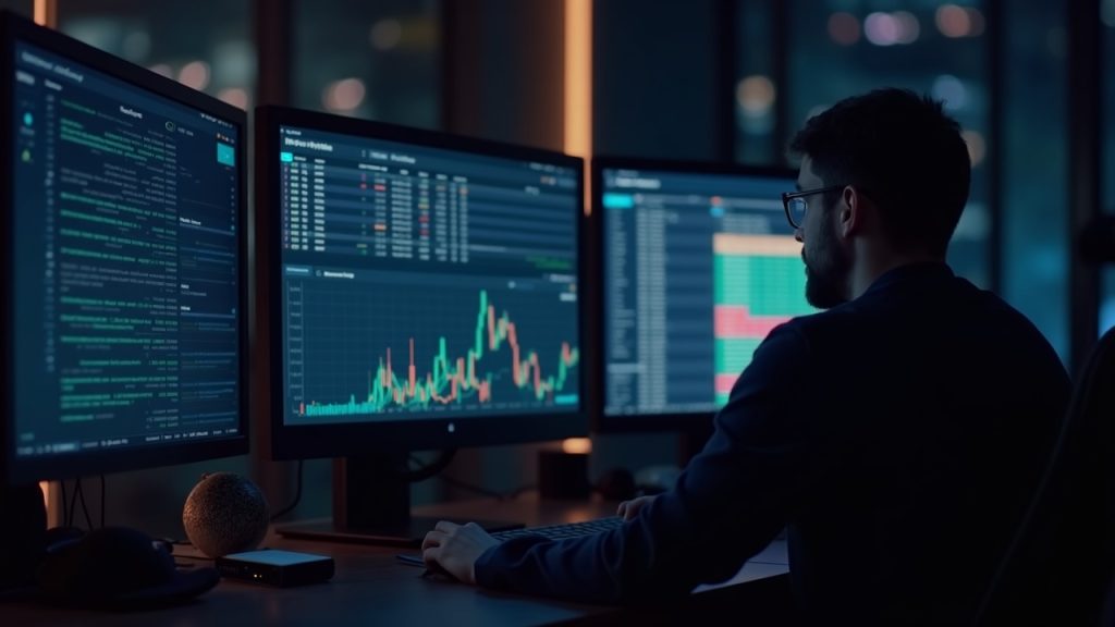 Newsroom-style crypto trading desk with DeFi dashboards showing Aave wstETH CAPO mispricing and DAO compensation plan.
