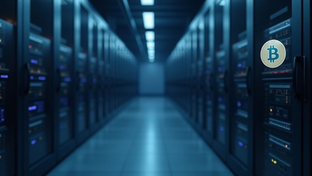 Data center with rows of servers and AI GPU racks, subtle Bitcoin symbol on glass, miners pivoting to AI hosting.
