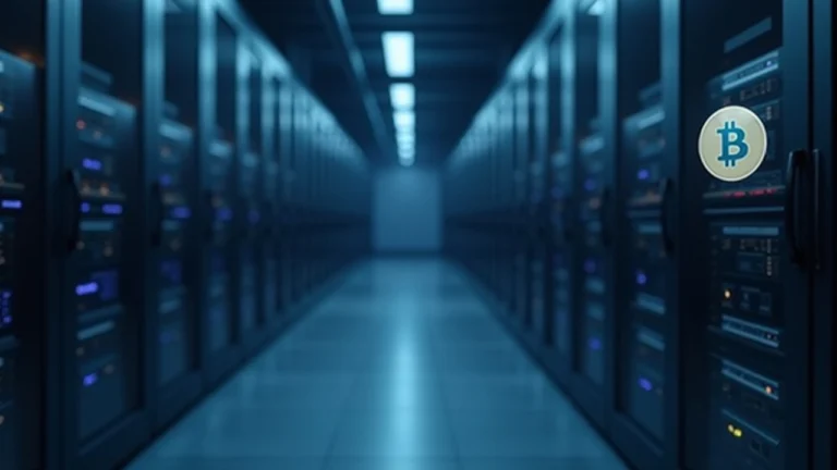 Data center with rows of servers and AI GPU racks, subtle Bitcoin symbol on glass, miners pivoting to AI hosting.