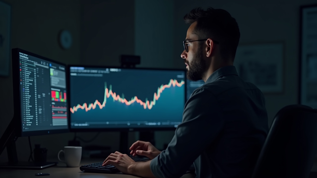 Newsroom analyst at desk monitors Bitcoin around $73k with seven-day inflow chart on screen.