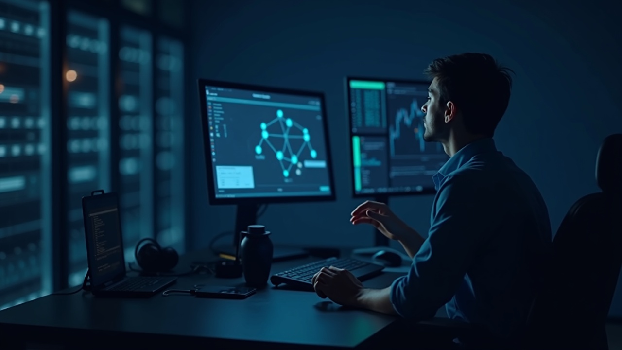 Newsroom-style analyst at a desk reviewing a blockchain network diagram on a monitor, with server racks in the background.