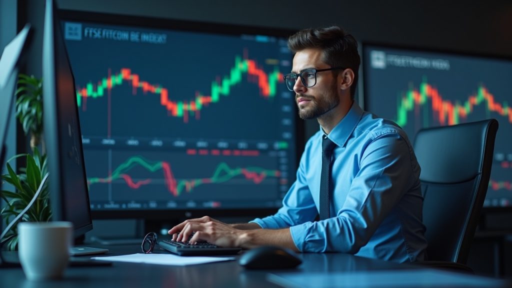 Professional financial analyst at a clean desk reviewing FTSE Bitcoin and FTSE Ethereum indices on multiple screens in a newsroom.