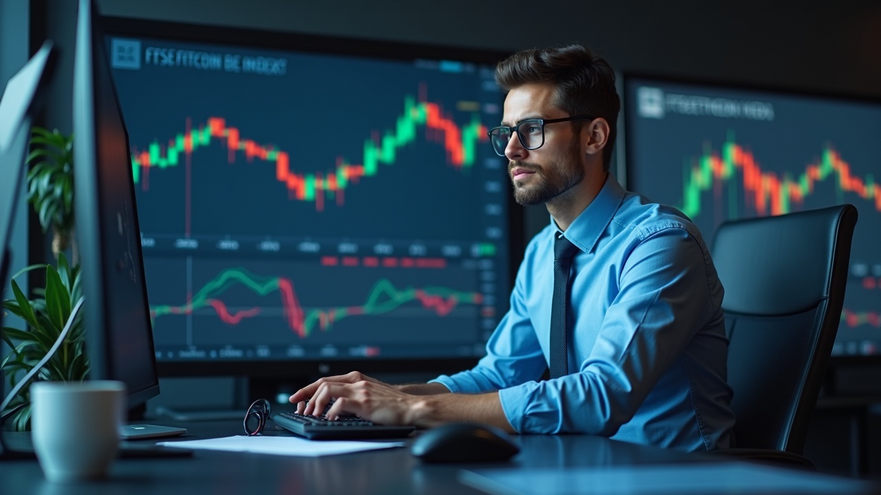 Professional financial analyst at a clean desk reviewing FTSE Bitcoin and FTSE Ethereum indices on multiple screens in a newsroom.
