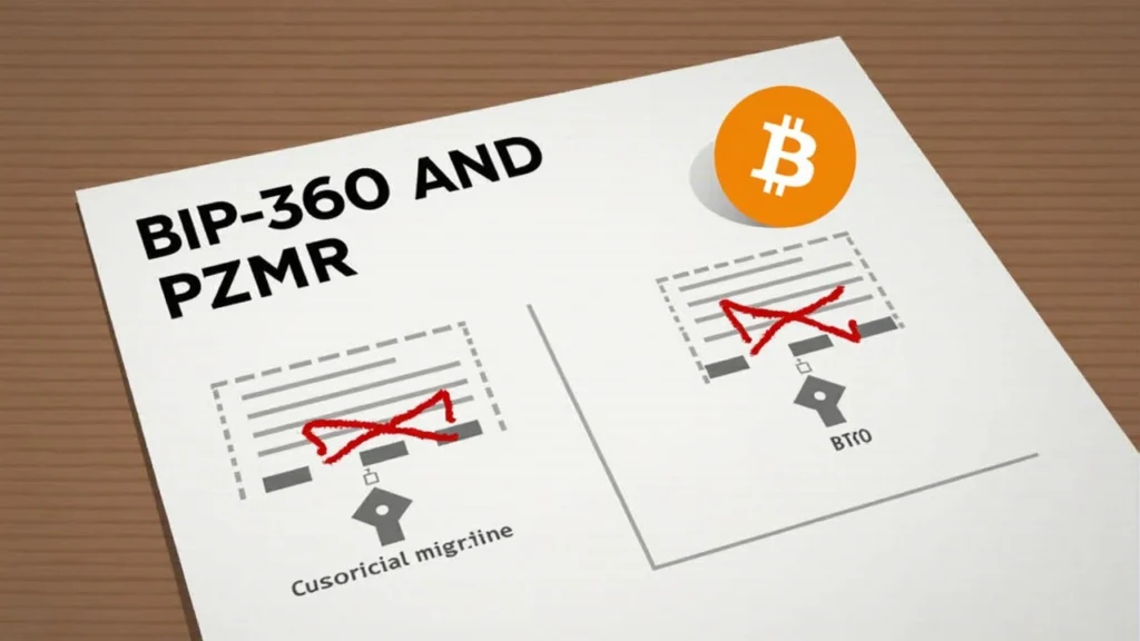 Bitcoin logo beside BIP-360/P2MR document; crossed-out key icon signaling disabled key-path spends and custody migration.