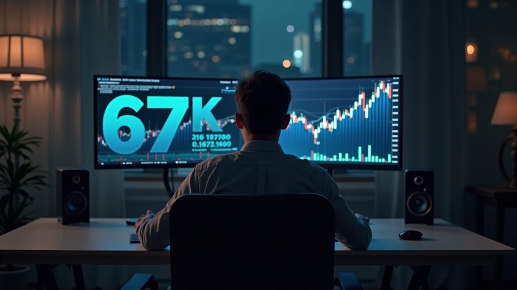 Analyst at a clean desk with dual monitors showing Bitcoin around 67k and rising altcoin tickers, signaling a liquidity-driven relief rally.