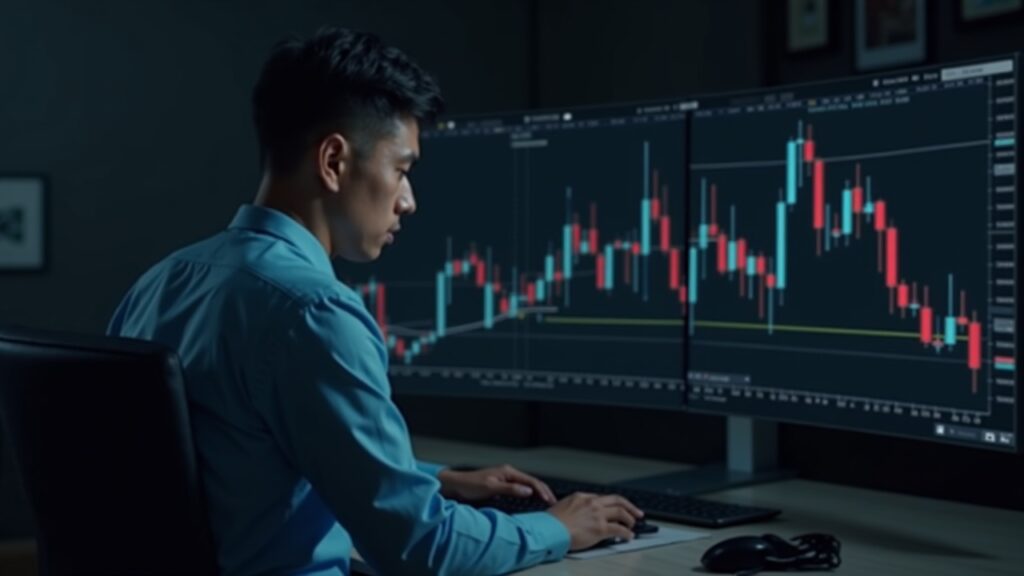 Crypto analyst reviews TAO chart showing golden cross (20d/200d) and overbought RSI in a newsroom.