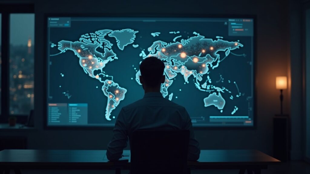 Fintech executive in a modern office watching a screen mapping USDC rails across Africa with Sasai connectivity.