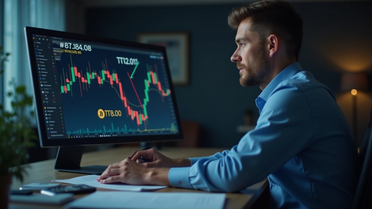 Editorial portrait of a financial analyst at a clean desk; monitor shows BTC and ETH targets with down arrows.