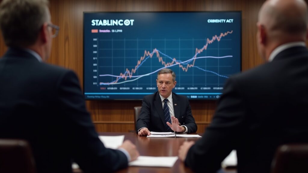 Lawmakers and White House officials in a briefing room with CLARITY Act documents and a stablecoin yield chart.