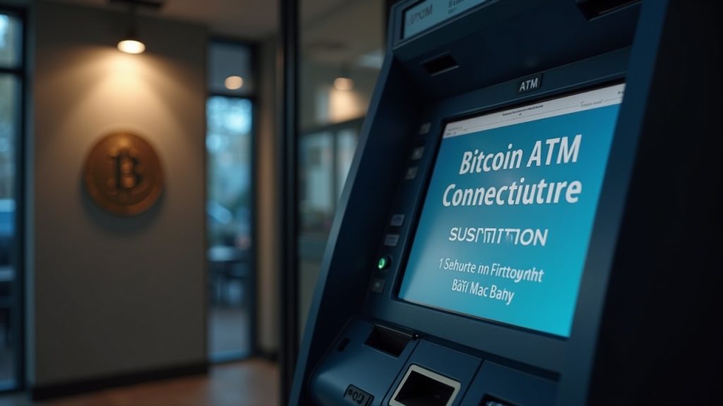 Bitcoin Depot ATM with suspension notice and Connecticut regulator seal in neutral newsroom lighting