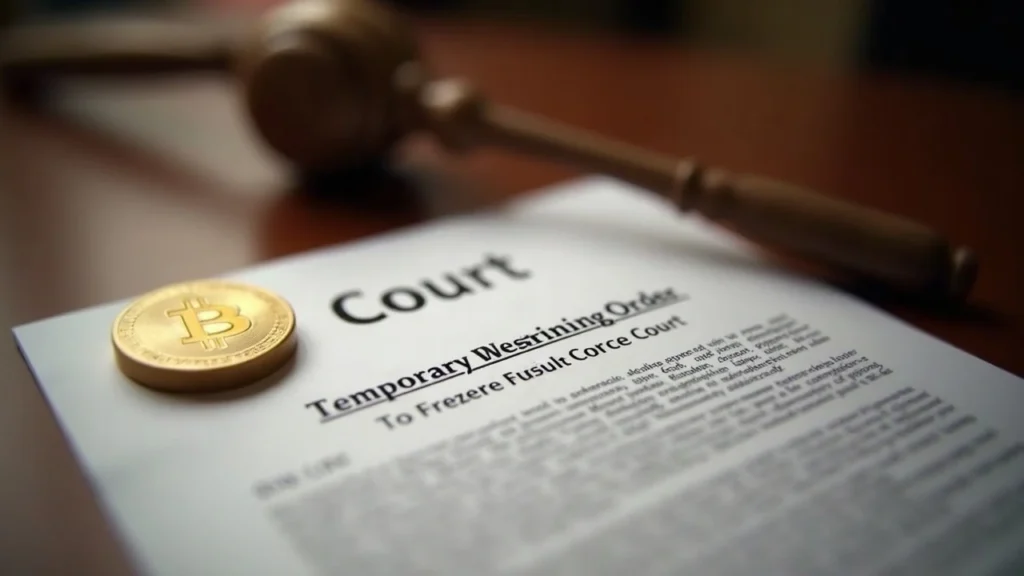 Courthouse desk with a sealed Temporary Restraining Order, a Bitcoin, and a gavel under neutral newsroom lighting.