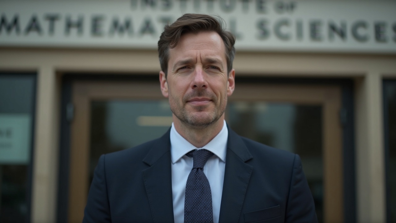 Portrait of a suited man in front of the London Institute for Mathematical Sciences, symbolizing a crypto philanthropy endowment.