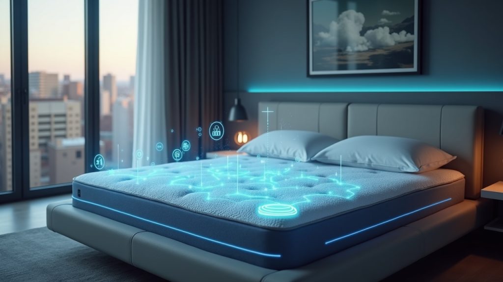 Editorial shot of a modern bedroom with a premium smart mattress and on-device AI icons illustrating edge health architecture.
