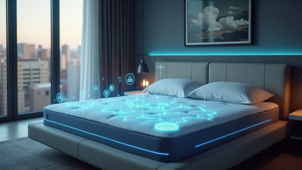 Editorial shot of a modern bedroom with a premium smart mattress and on-device AI icons illustrating edge health architecture.