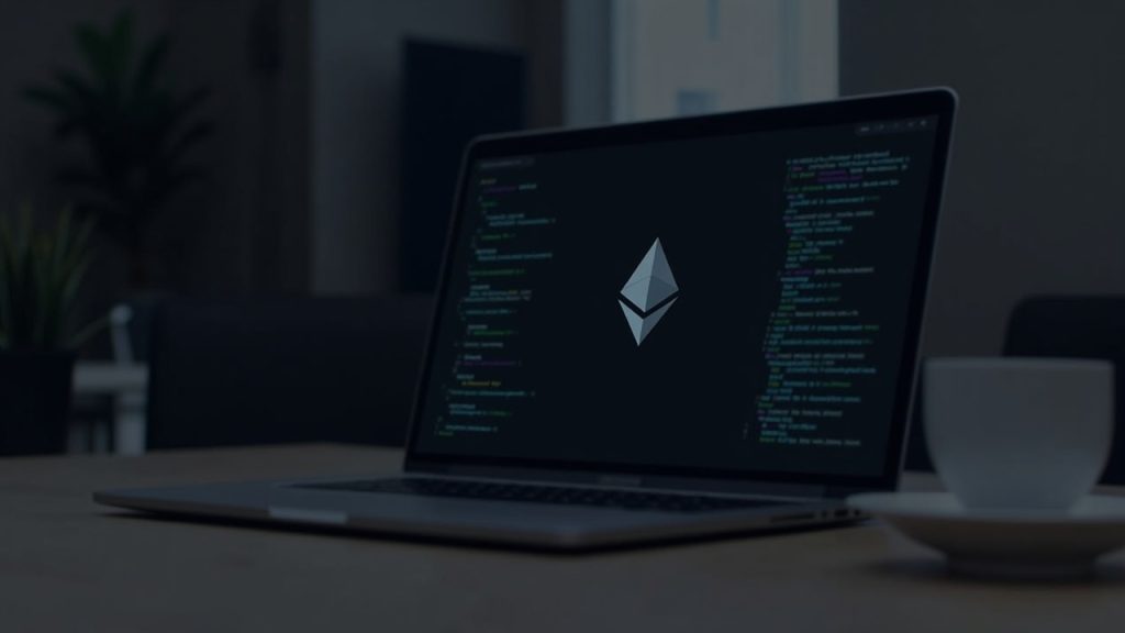 Newsroom desk with laptop displaying Ethereum logo and code, illustrating native smart accounts and Frame Transactions (Hegota).