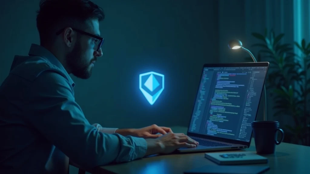 editorial researcher at desk with a laptop showing blockchain code and shield icon, signaling ethereum post-quantum upgrades.