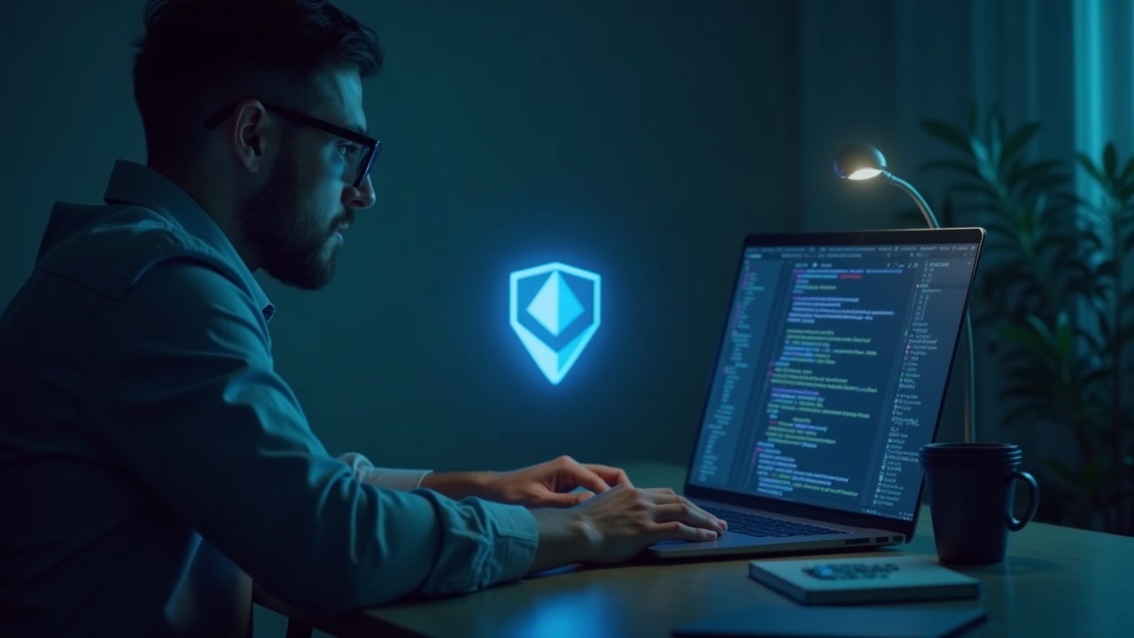 editorial researcher at desk with a laptop showing blockchain code and shield icon, signaling ethereum post-quantum upgrades.
