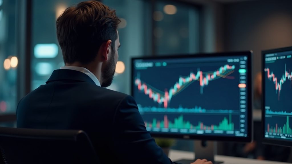 Suited investor reviews Bitcoin and Stack BTC chart on a newsroom monitor.