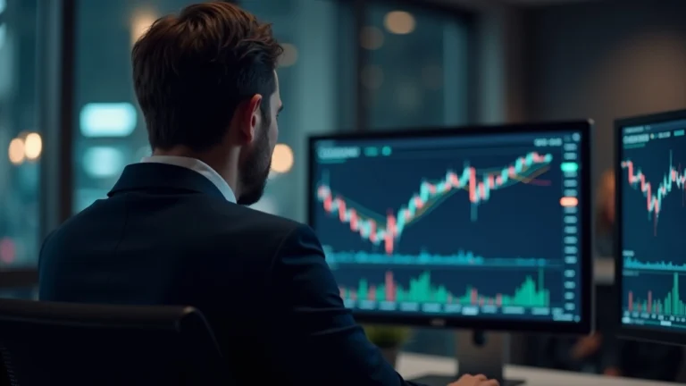 Suited investor reviews Bitcoin and Stack BTC chart on a newsroom monitor.