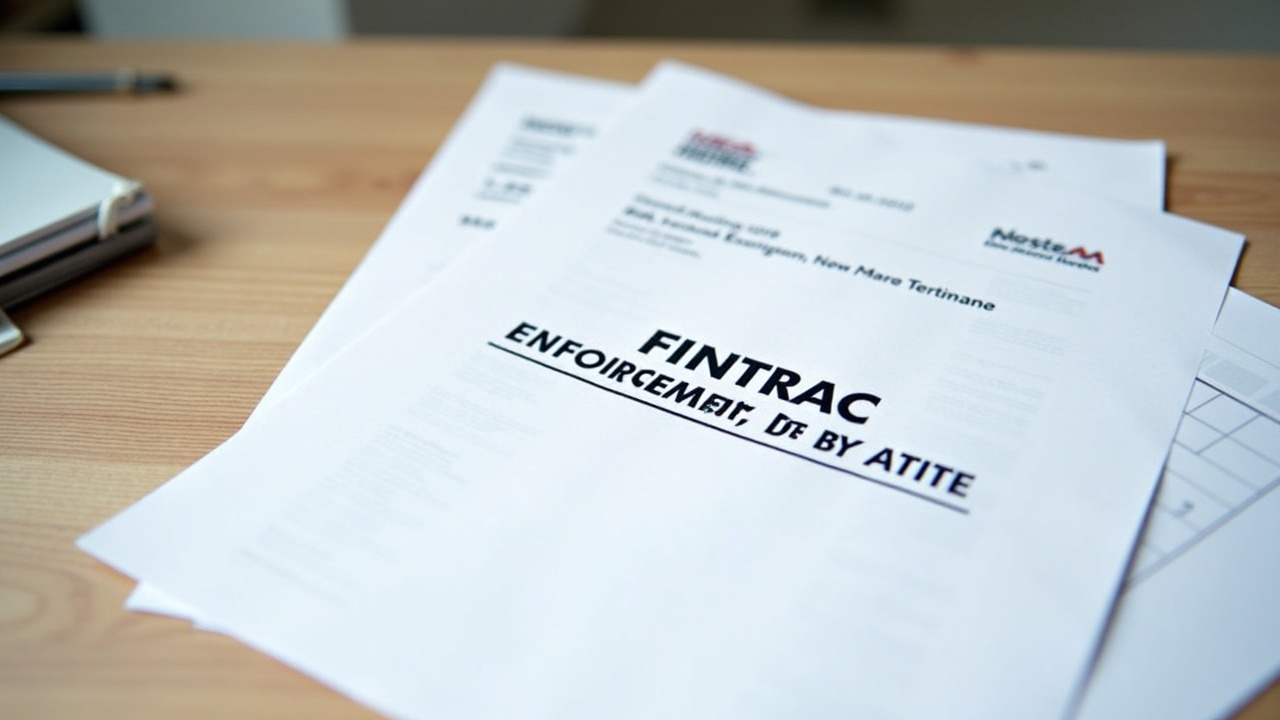 FINTRAC enforcement notice on a desk with AML documents, symbolizing the revocation of 23 crypto MSB registrations in Canada.