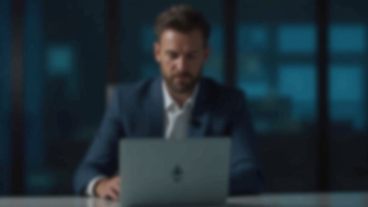 Editorial photo of a financial analyst at a desk with a laptop showing fixed-rate DeFi lending and an Ethereum logo.