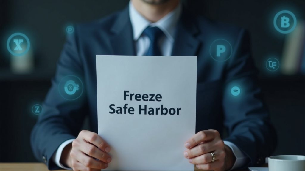 Regulator in a suit presents Freeze Safe Harbor document with subtle crypto icons in the background.