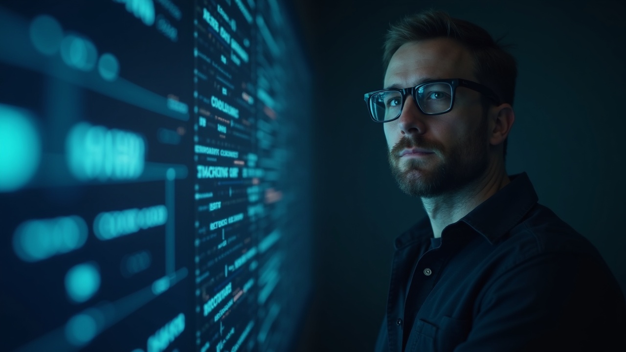 Editorial portrait of a cryptography researcher beside a blockchain ledger with a quantum setup in the background.