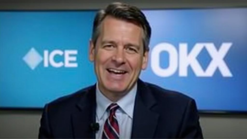 Editorial portrait of a corporate executive with ICE branding and OKX logo, highlighting a $25B stake and board-seat deal.