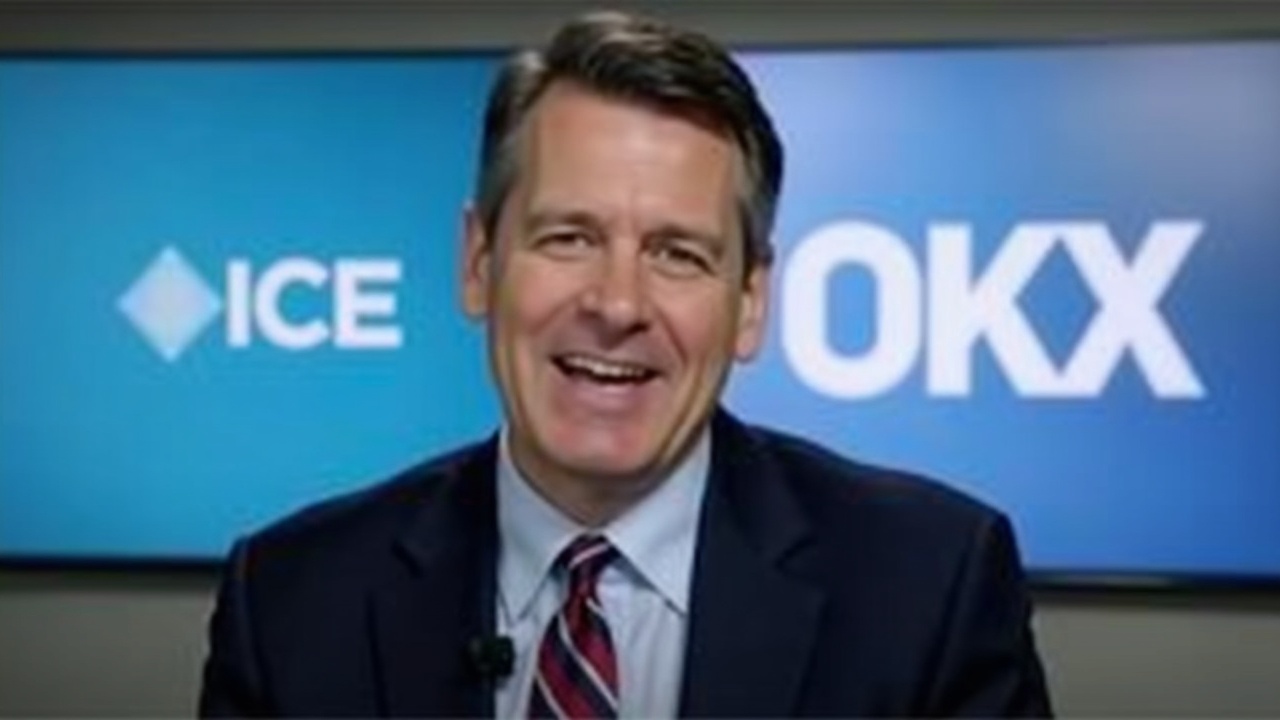 Editorial portrait of a corporate executive with ICE branding and OKX logo, highlighting a $25B stake and board-seat deal.
