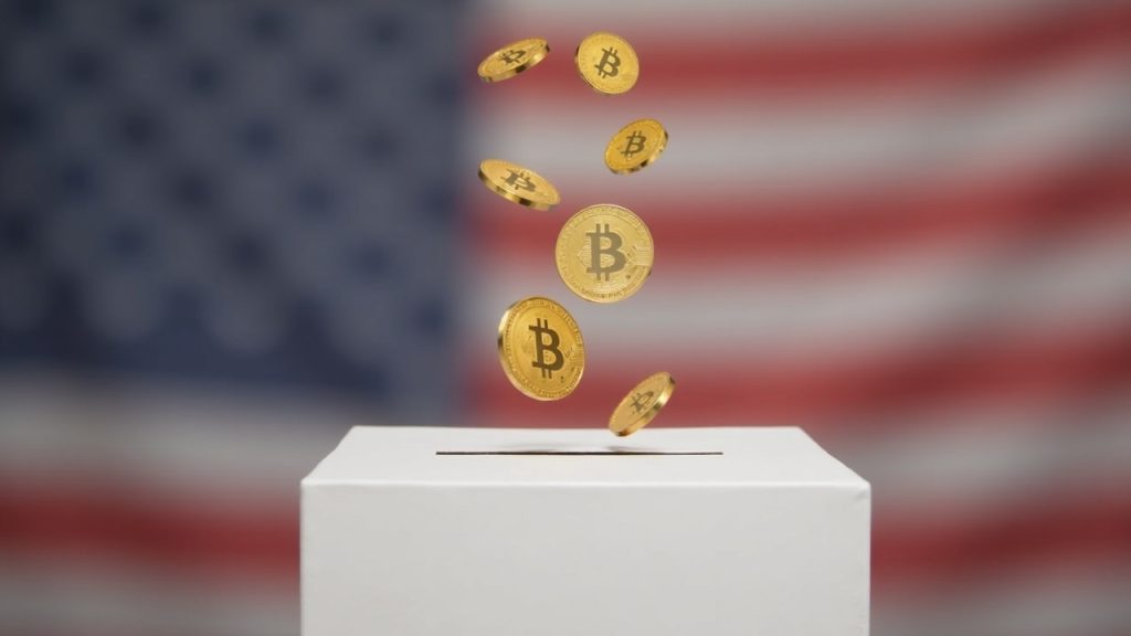 Neutral ballot-box illustration with floating crypto coins above a blurred political backdrop.