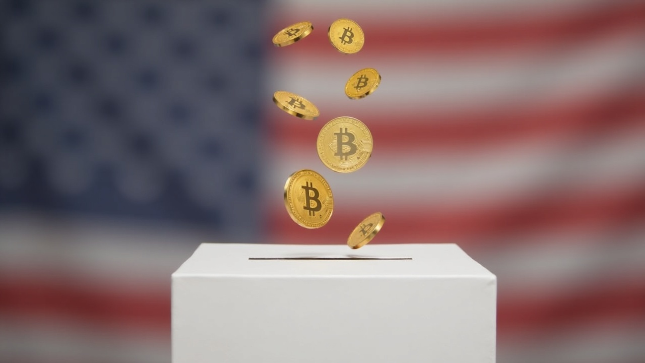 Neutral ballot-box illustration with floating crypto coins above a blurred political backdrop.