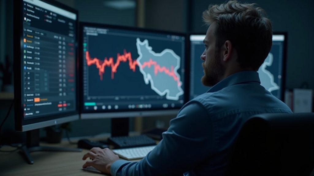 Trader at desk monitors crypto price drop with Iran map in the background, subdued newsroom lighting