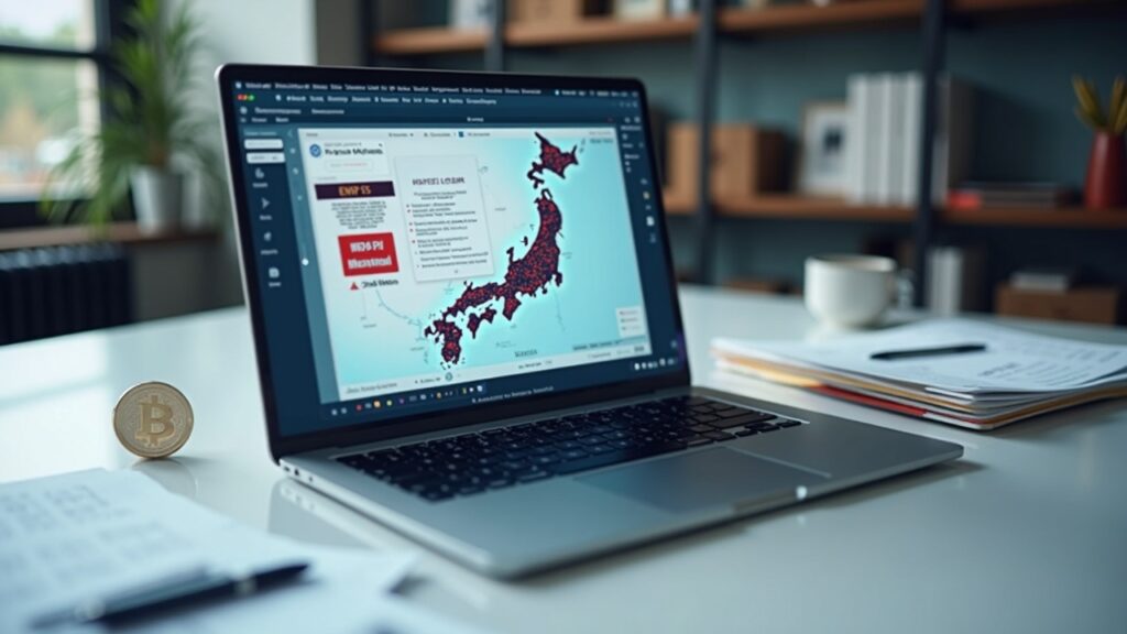 Desk shot of a laptop showing OTC derivatives warning, FSA logo, crossed-out KuCoin app, and papers with Japan map.