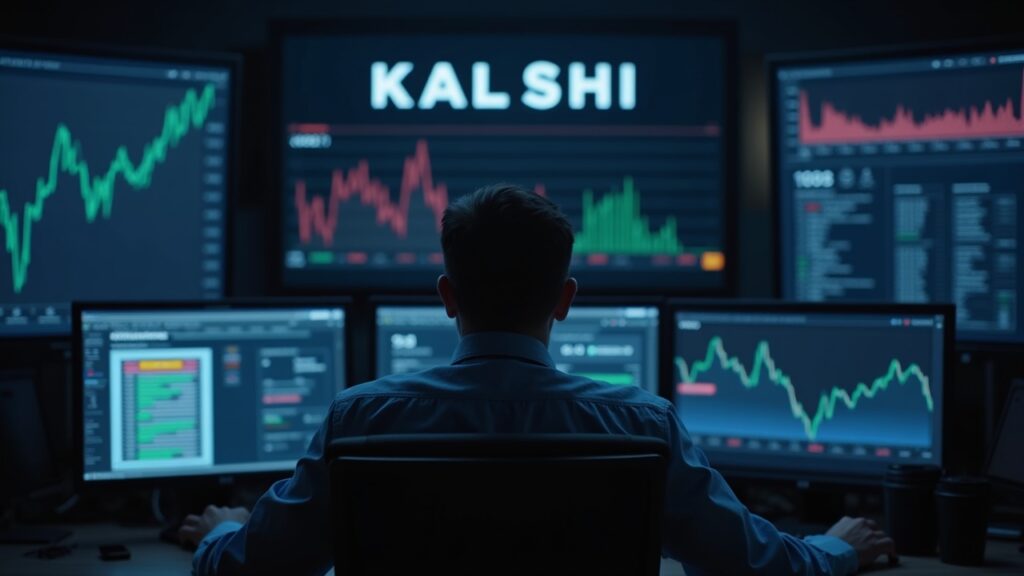Newsroom scene with an executive in front of monitors showing Kalshi and a bold 22B valuation amid funding and regulatory scrutiny.