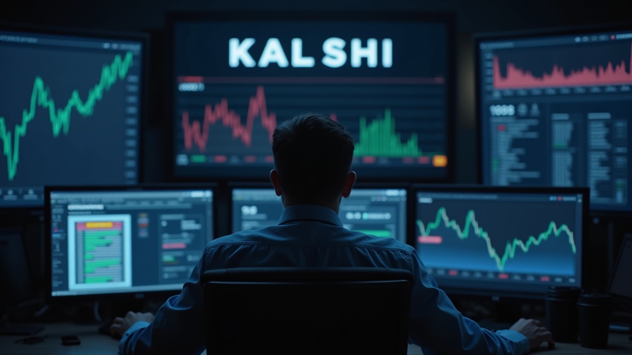 Newsroom scene with an executive in front of monitors showing Kalshi and a bold 22B valuation amid funding and regulatory scrutiny.