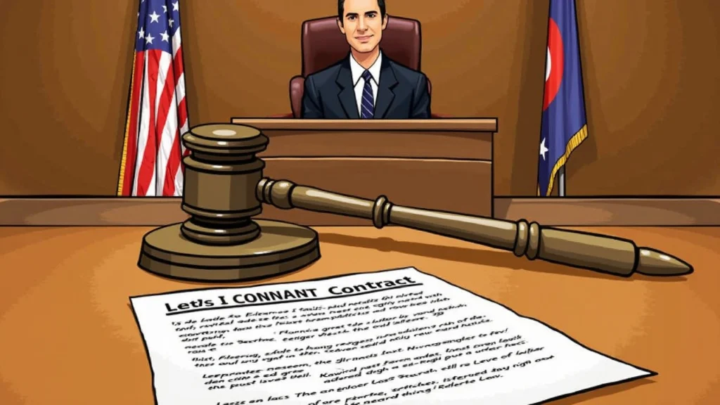 Courtroom portrait with judge's bench, gavel, and a sports-event contract symbolizing Kalshi's Ohio ruling.