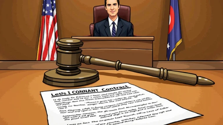 Courtroom portrait with judge's bench, gavel, and a sports-event contract symbolizing Kalshi's Ohio ruling.